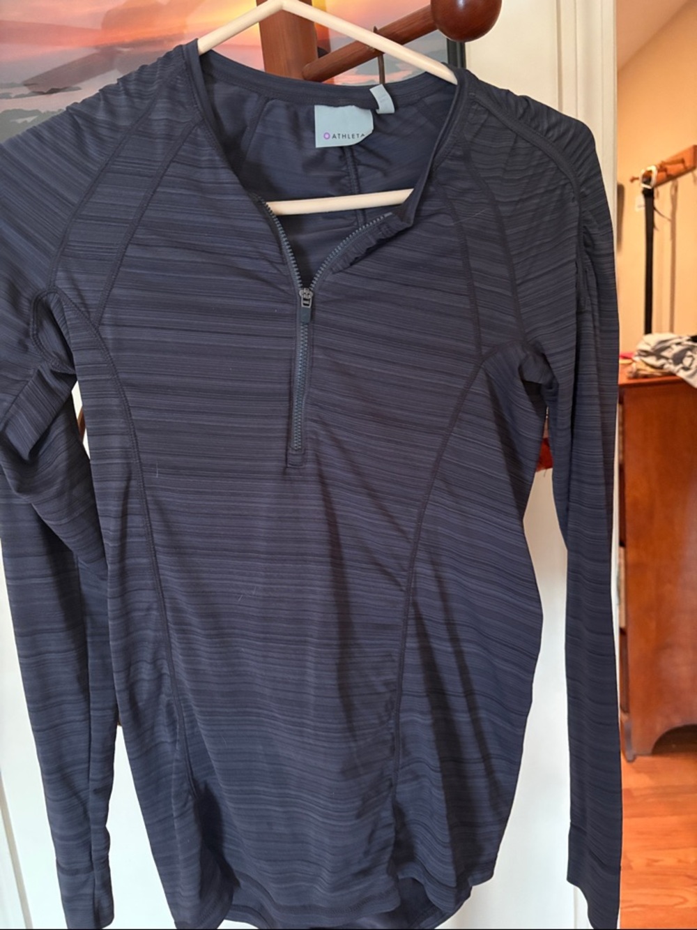 Athleta Charcoal Navy Striped Quarter-Zip Long Sleeve Top
